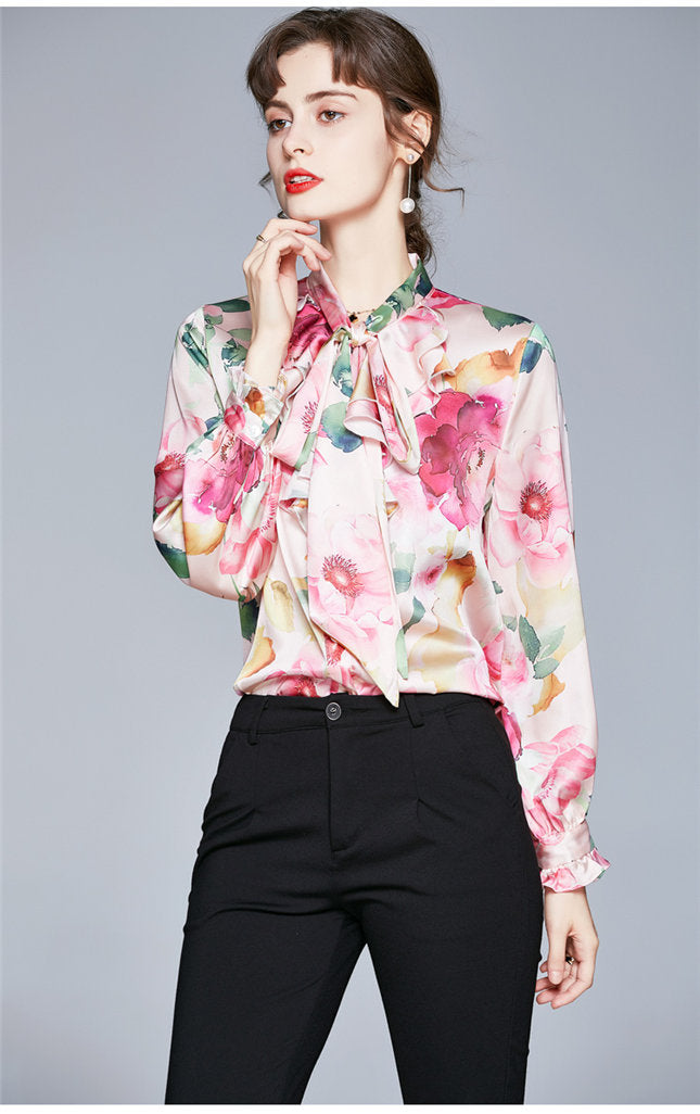 CM-TF101402 Women Casual European Style Tie Collar Floral Print Long Sleeve Blouse