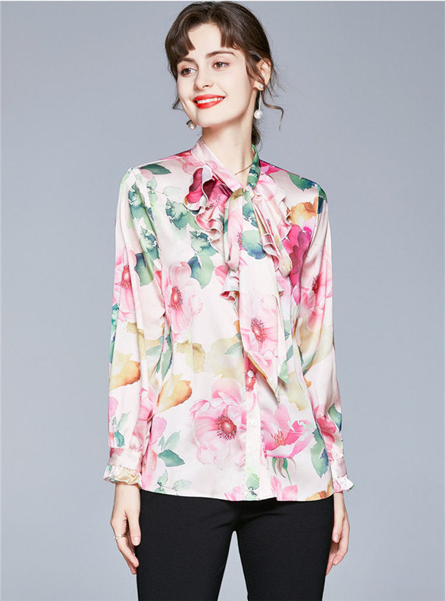 CM-TF101402 Women Casual European Style Tie Collar Floral Print Long Sleeve Blouse