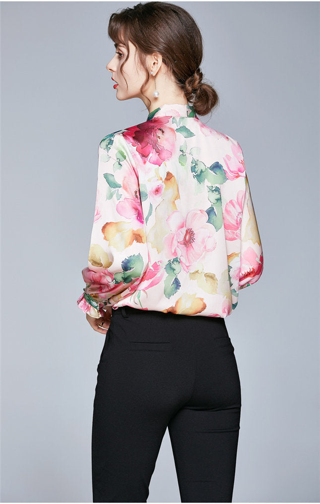 CM-TF101402 Women Casual European Style Tie Collar Floral Print Long Sleeve Blouse