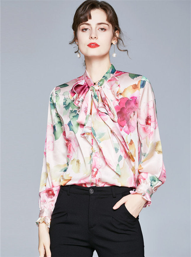 CM-TF101402 Women Casual European Style Tie Collar Floral Print Long Sleeve Blouse