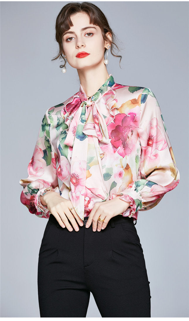 CM-TF101402 Women Casual European Style Tie Collar Floral Print Long Sleeve Blouse