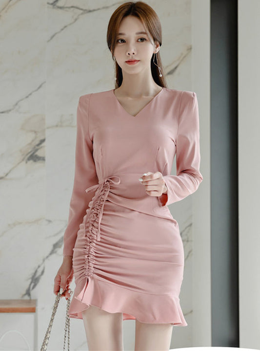 CM-DF101519 Women Casual Seoul Style V-Neck Drawstring Fishtail Slim Dress - Pink