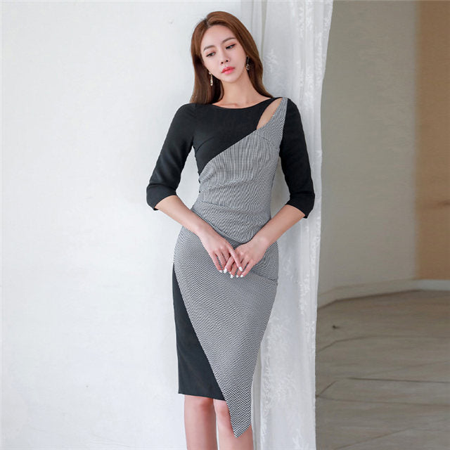 CM-DF101709 Women Elegant Seoul Style Color Block Houndstooth Slim Dress
