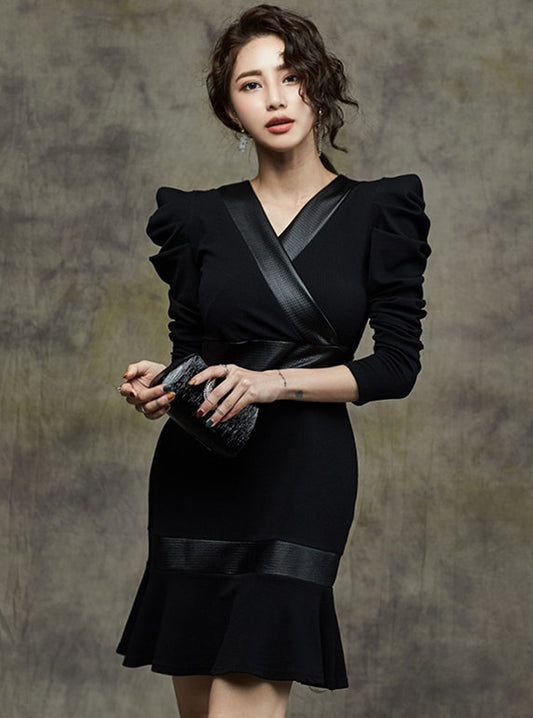 CM-DF101711 Women Elegant Seoul Style V-Neck Fitted Waist Fishtail Puff Sleeve Dress - Black