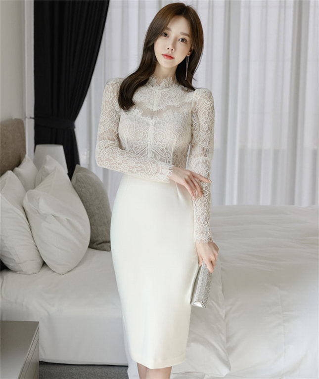 CM-DF102004 Women Elegant Seoul Style Lace Long Sleeve Splicing Skinny Dress - White