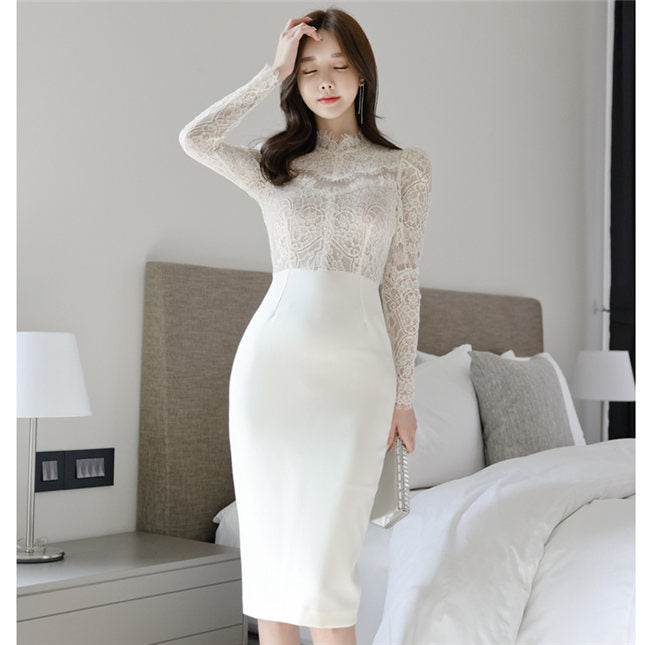 CM-DF102004 Women Elegant Seoul Style Lace Long Sleeve Splicing Skinny Dress - White