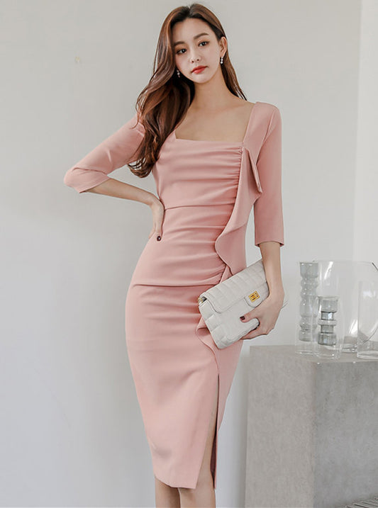 CM-DF102005 Women Elegant Seoul Style Square Collar Flouncing Pleated Slim Dress - Pink