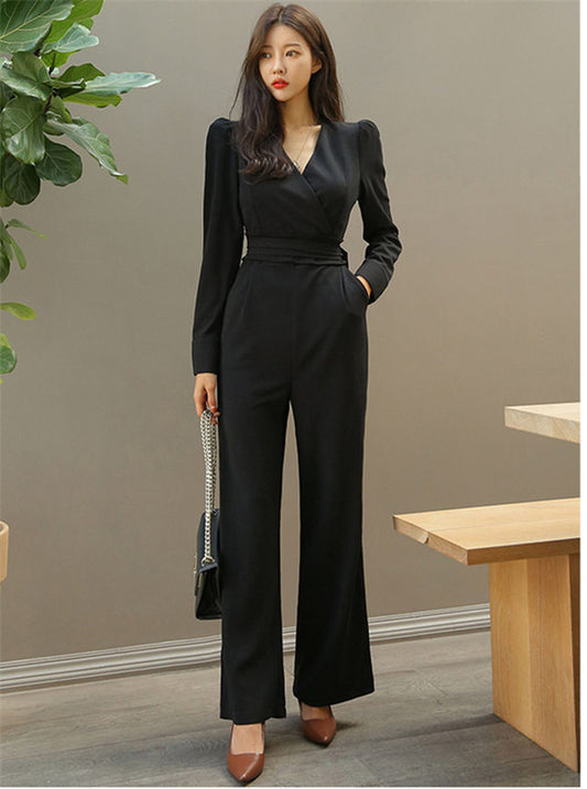 CM-JF102008 Women Elegant Seoul Style High Waist V-Neck Slim Long Jumpsuit - Black