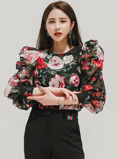 CM-TF102011 Women Retro Seoul Style Floral Print Puff Sleeve Chiffon Blouse