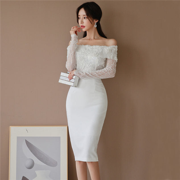 CM-DF102019 Women Charming Seoul Style Petals Boat Neck Lace Sleeve Slim Dress - White