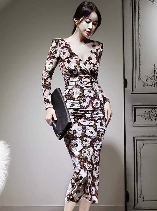 CM-DF102020 Women Retro European Style Long Sleeve V-Neck Floral Pleated Skinny Dress