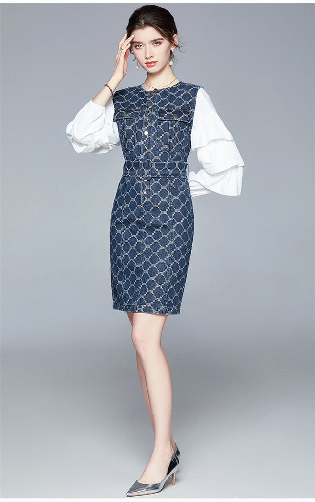 CM-SF102102 Women Elegant European Style Layered Flare Sleeve Blouse With Denim Slim Dress - Set