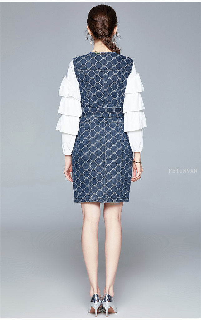 CM-SF102102 Women Elegant European Style Layered Flare Sleeve Blouse With Denim Slim Dress - Set