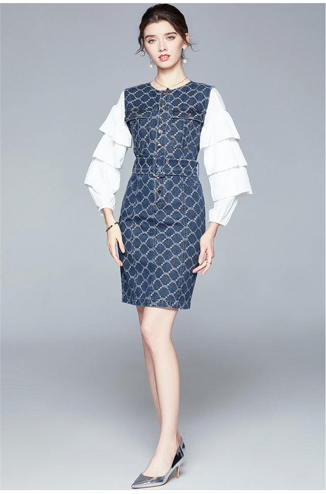 CM-SF102102 Women Elegant European Style Layered Flare Sleeve Blouse With Denim Slim Dress - Set