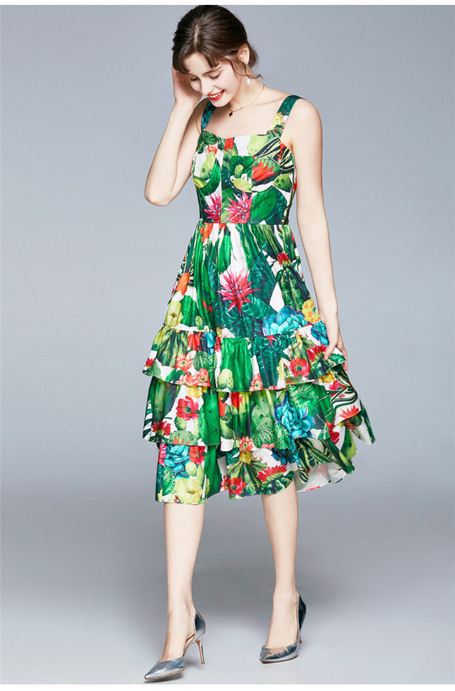 CM-DF102107 Women Lovely European Style High Waist Layered Flouncing Floral Dress