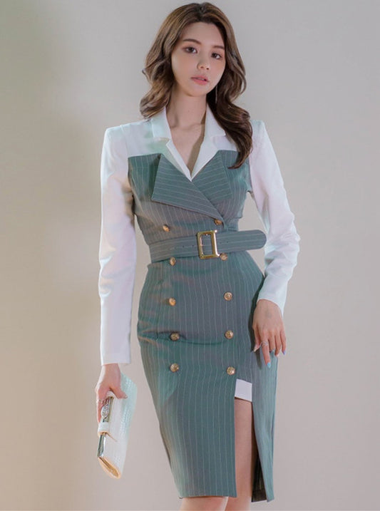 CM-DF102204 Women Elegant Seoul Style Double-Breasted Stripes Shirt Collar Slim Dress