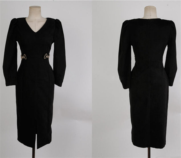 CM-DF102205 Women Elegant Seoul Style Long Sleeve V-Neck High Waist Bodycon Dress - Black