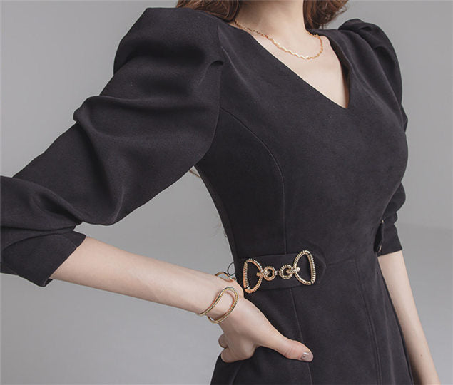 CM-DF102205 Women Elegant Seoul Style Long Sleeve V-Neck High Waist Bodycon Dress - Black