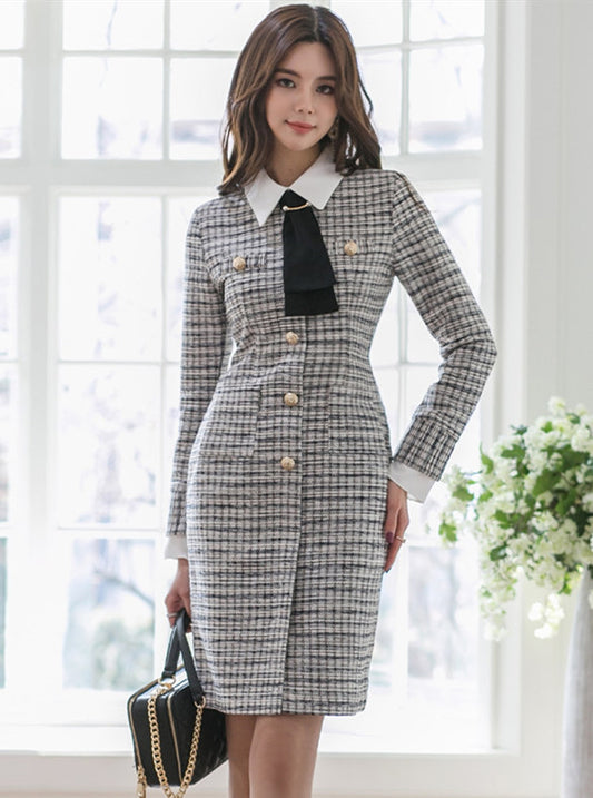 CM-DF102209 Women Elegant Seoul Style Doll Collar Single-Breasted Plaids Slim Dress