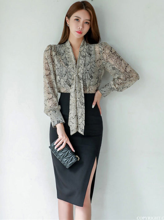 CM-SF102213 Women Retro Seoul Style Tie V-Neck Blouse With Split Skinny Skirt - Set