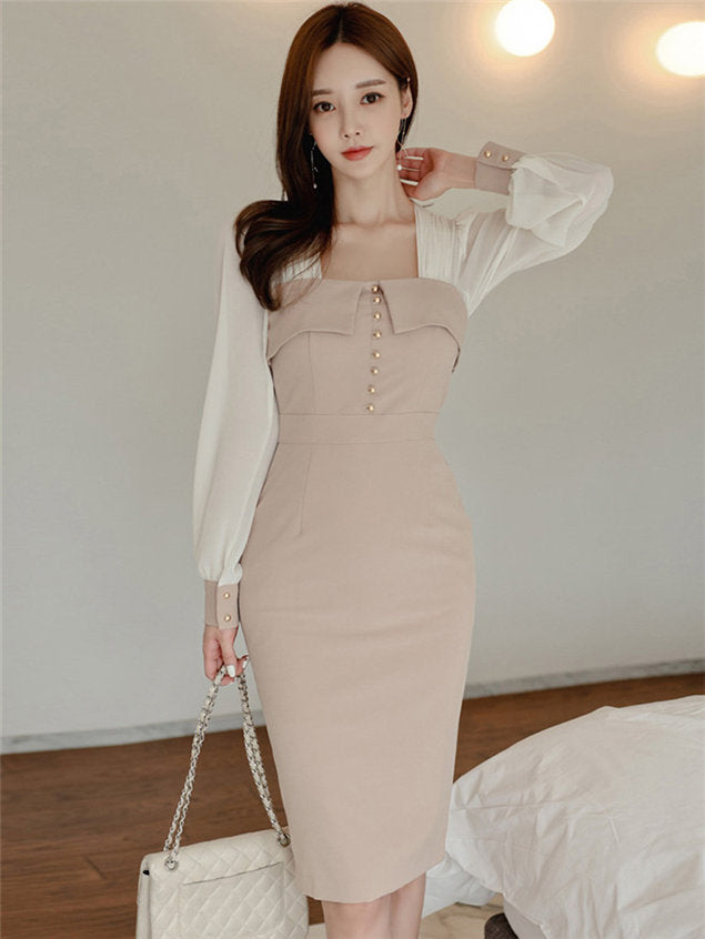 CM-DF102217 Women Elegant Seoul Style Square Collar Fitted Waist Puff Sleeve Dress