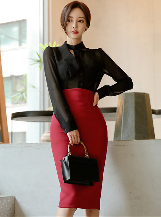 CM-SF102406 Women Elegant Seoul Style Transaprent Chiffon Blouse With High Waist Midi Skirt - Set