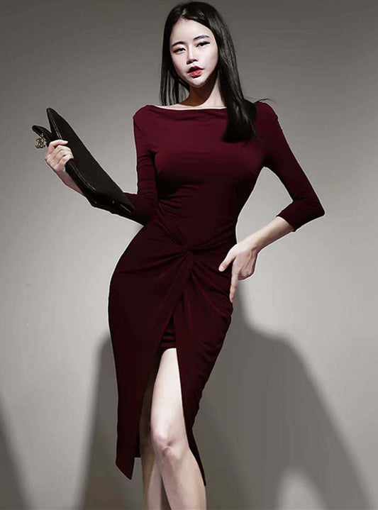 CM-DF102411 Women Casual Seoul Style Long Sleeve Twisted Waist Split Bodycon Dress