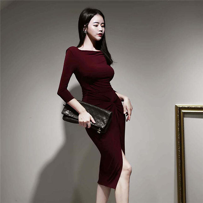 CM-DF102411 Women Casual Seoul Style Long Sleeve Twisted Waist Split Bodycon Dress