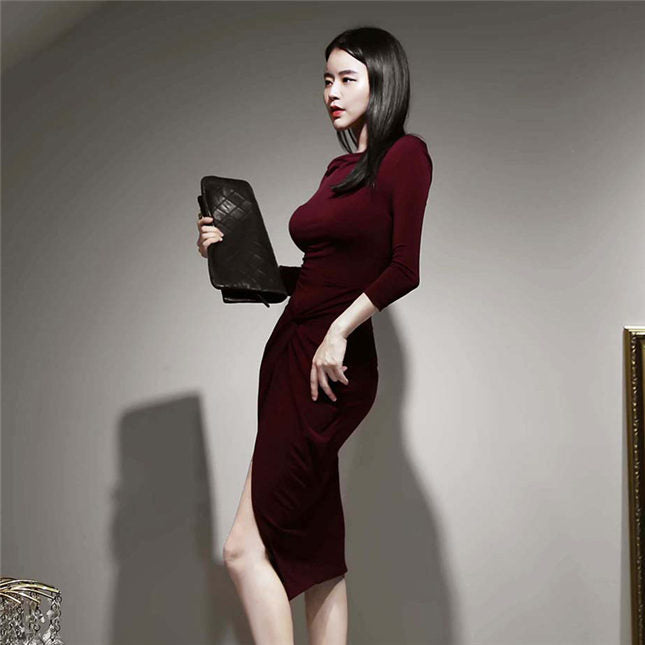 CM-DF102411 Women Casual Seoul Style Long Sleeve Twisted Waist Split Bodycon Dress