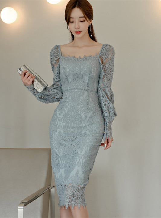 CM-DF102514 Women Elegant Seoul Style Square Collar Lace Floral Puff Sleeve Slim Dress