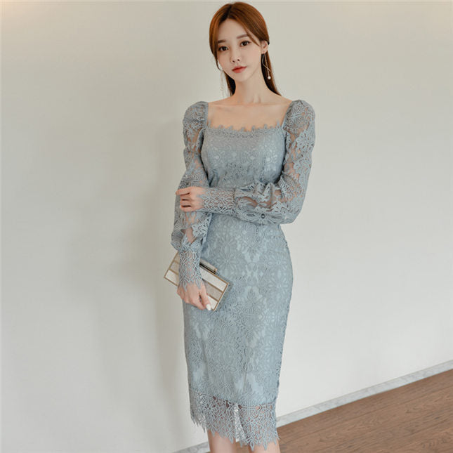 CM-DF102514 Women Elegant Seoul Style Square Collar Lace Floral Puff Sleeve Slim Dress