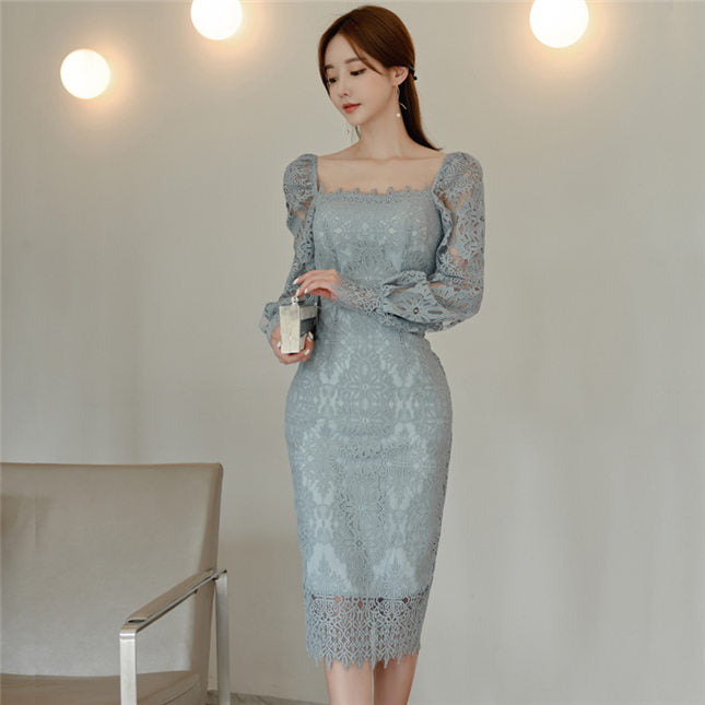 CM-DF102514 Women Elegant Seoul Style Square Collar Lace Floral Puff Sleeve Slim Dress