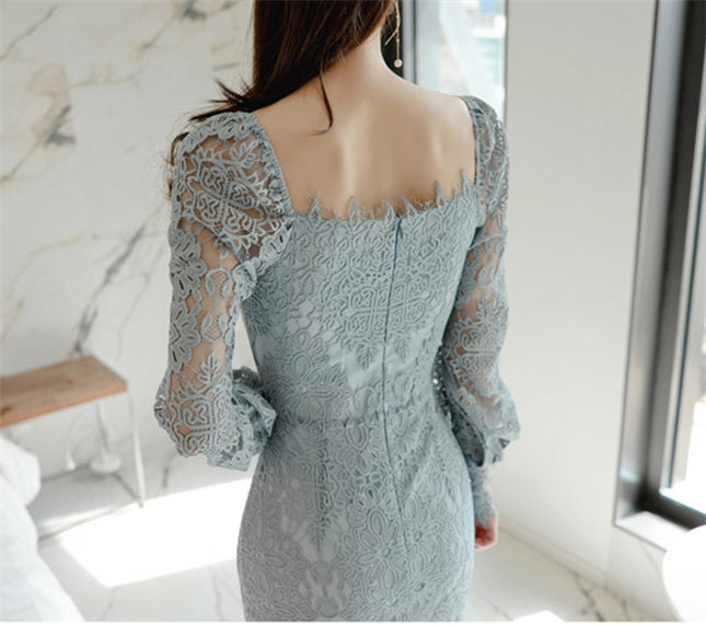 CM-DF102514 Women Elegant Seoul Style Square Collar Lace Floral Puff Sleeve Slim Dress