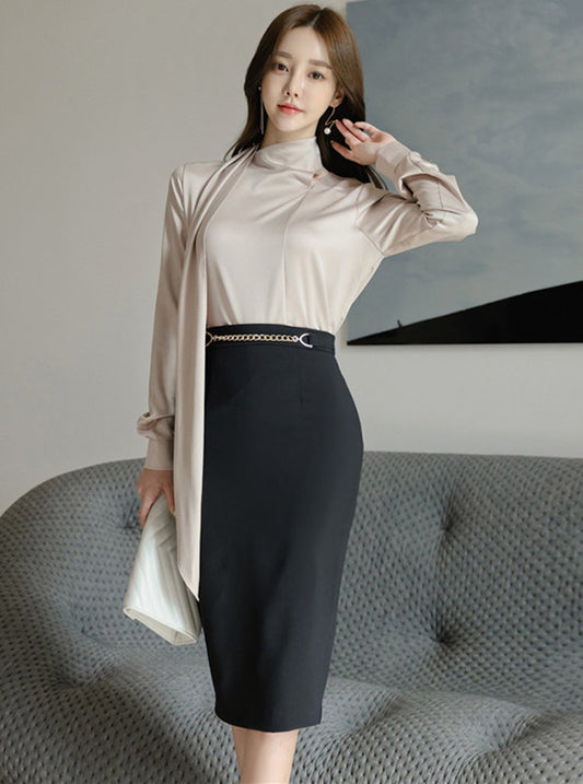 CM-SF102605 Women Casual Seoul Style Tie Collar Blouse With Chain Waist Slim Skirt - Set