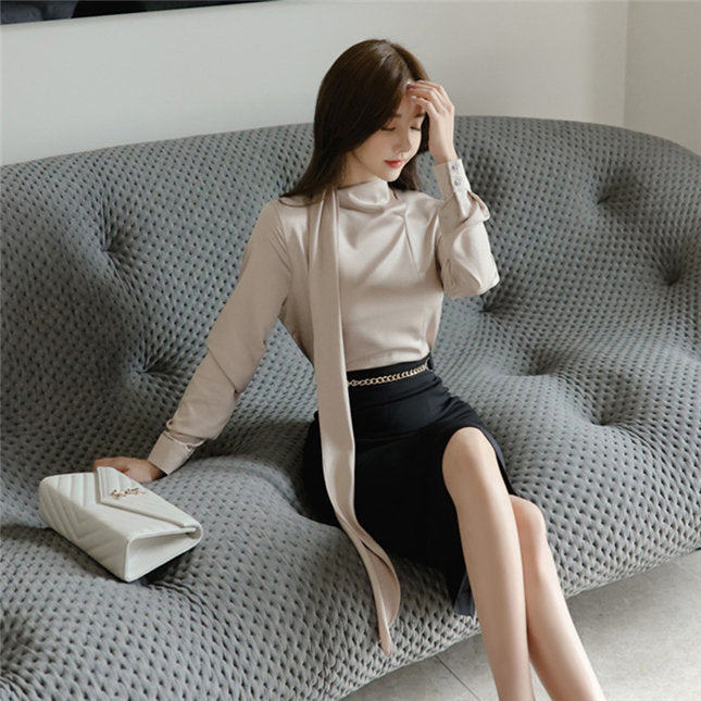 CM-SF102605 Women Casual Seoul Style Tie Collar Blouse With Chain Waist Slim Skirt - Set