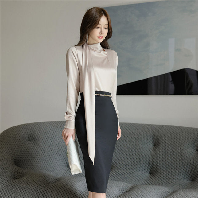 CM-SF102605 Women Casual Seoul Style Tie Collar Blouse With Chain Waist Slim Skirt - Set