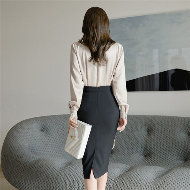 CM-SF102605 Women Casual Seoul Style Tie Collar Blouse With Chain Waist Slim Skirt - Set