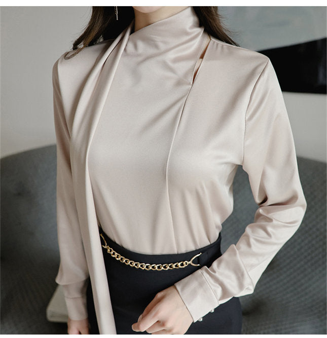 CM-SF102605 Women Casual Seoul Style Tie Collar Blouse With Chain Waist Slim Skirt - Set