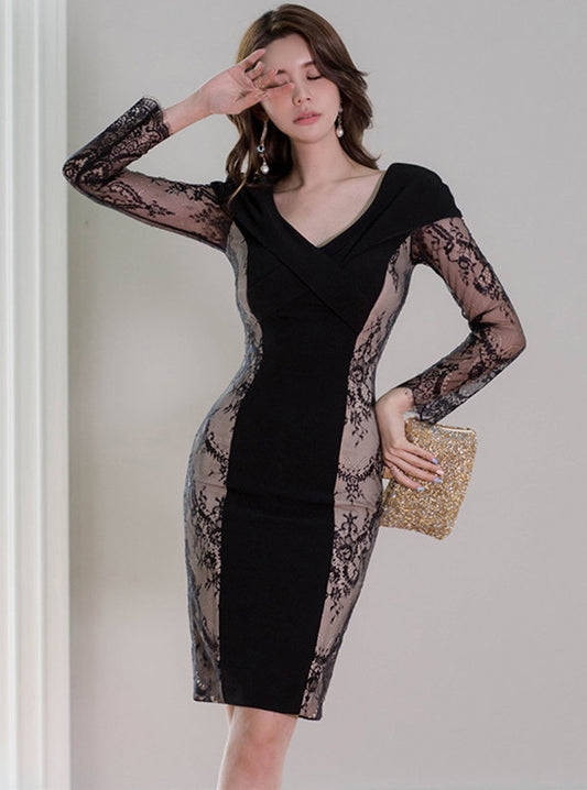 CM-DF102611 Women Casual Seoul Style V-Neck Lace Floral Slim Long Sleeve Dress - Black