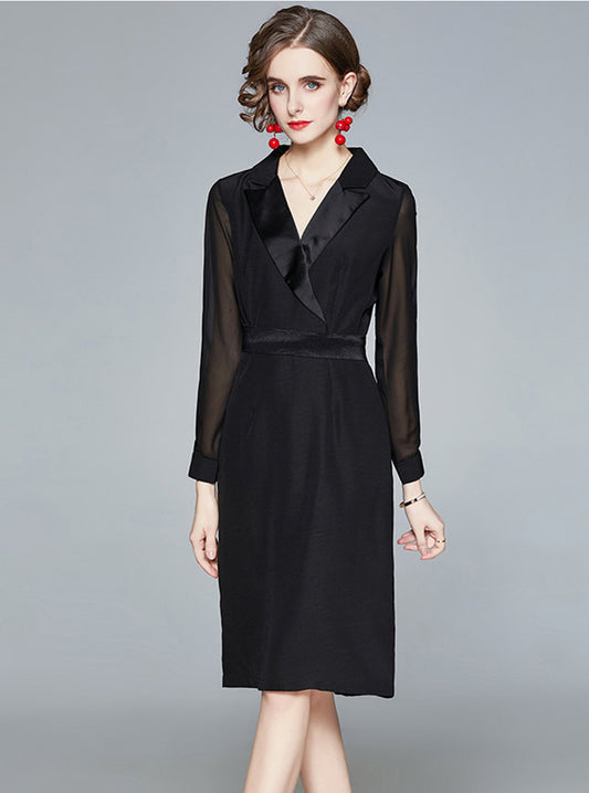 CM-DF102615 Women Elegant European Style Tailored Collar Gauze Sleeve Bodycon Dress - Black