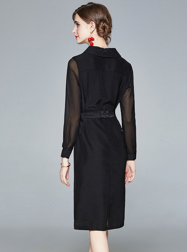 CM-DF102615 Women Elegant European Style Tailored Collar Gauze Sleeve Bodycon Dress - Black
