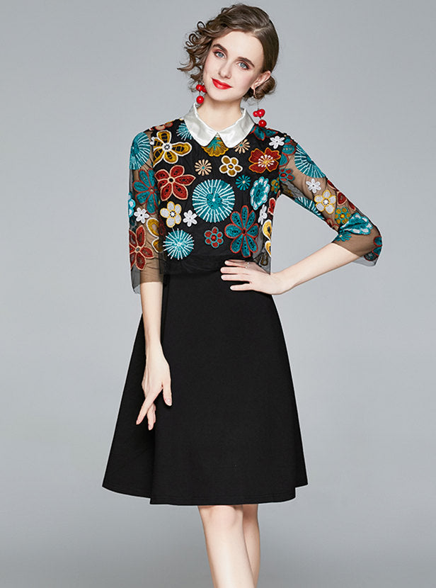 CM-DF102616 Women Casual European Style Floral Embroidery Doll Collar A-Line Dress