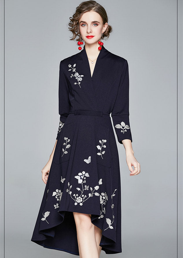 CM-DF102617 Women Elegant European Style V-Neck Embroidery Tie Waist Dovetail Dress