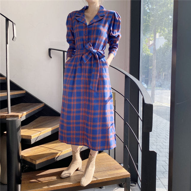 CM-DF102808 Women Casual Seoul Style Long Sleeve Plaids Shirt Collar Maxi Dress (Available in 3 colors)