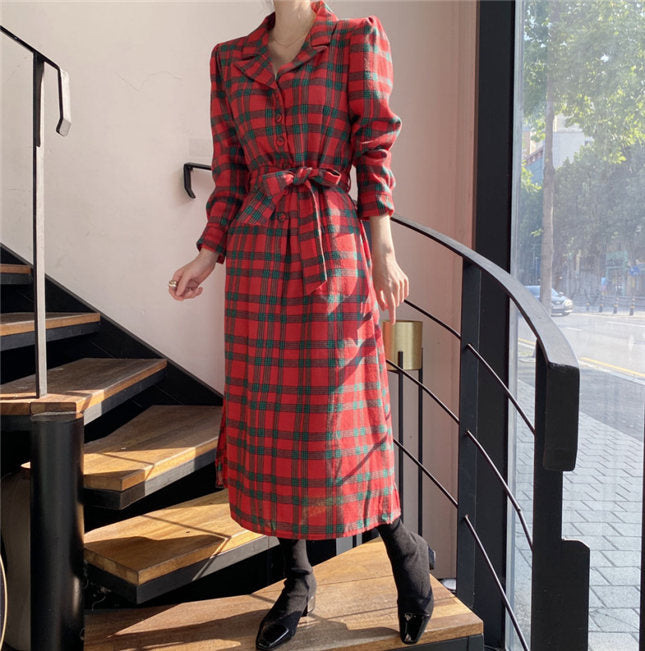 CM-DF102808 Women Casual Seoul Style Long Sleeve Plaids Shirt Collar Maxi Dress (Available in 3 colors)
