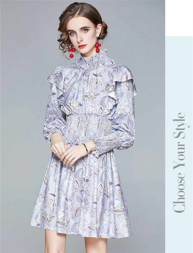 CM-DF102903 Women Charming European Style Elastic Waist Floral Puff Sleeve Dress