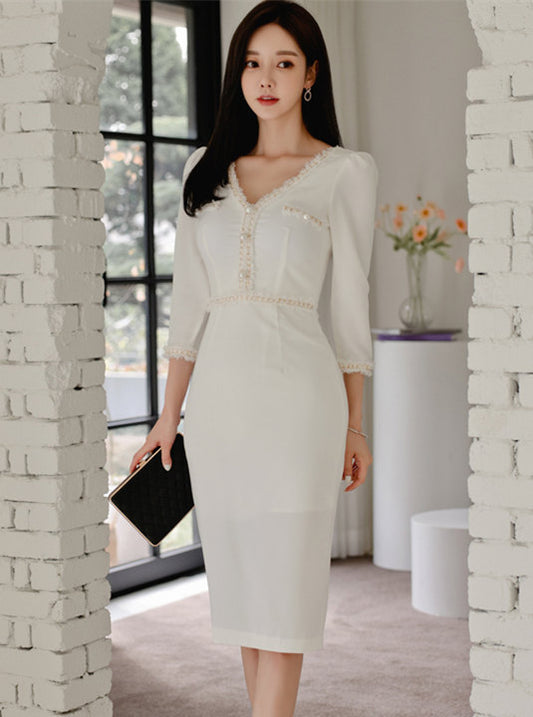 CM-DF103110 Women Elegant Seoul Style 3/4 Sleeve Beads V-Neck Bodycon Dress - White