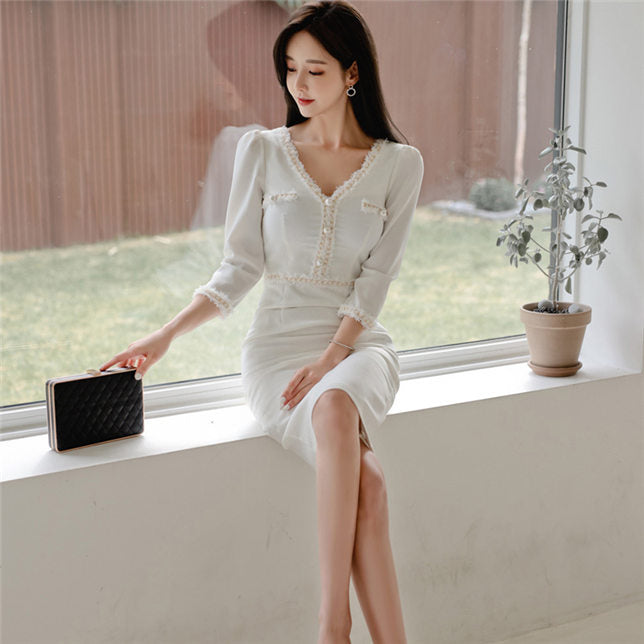 CM-DF103110 Women Elegant Seoul Style 3/4 Sleeve Beads V-Neck Bodycon Dress - White