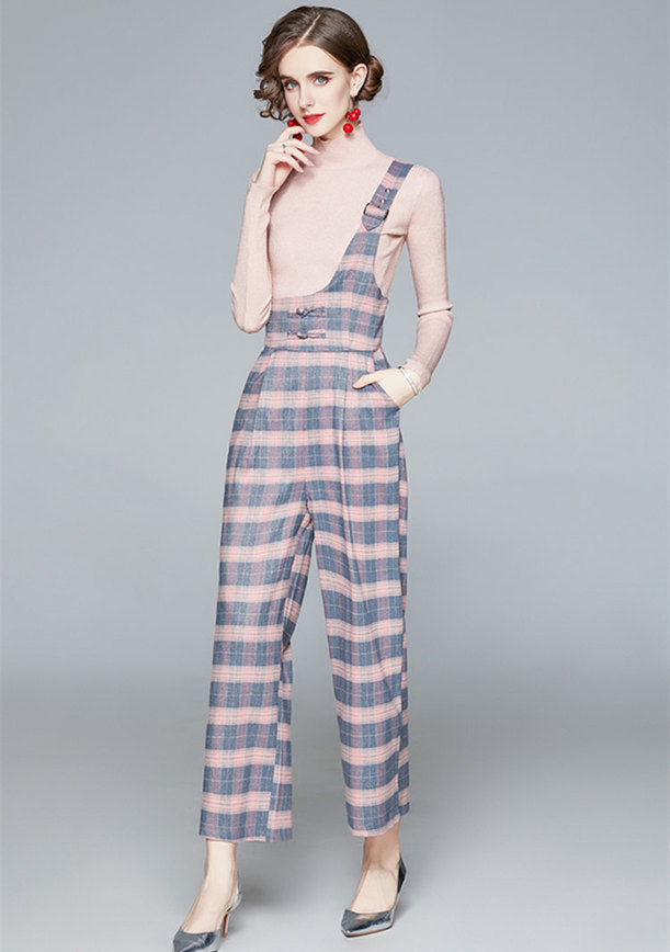 CM-SF103116 Women Casual European Style Knitting Tops With Plaids High Waist Jumpsuit - Set