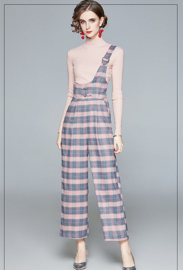 CM-SF103116 Women Casual European Style Knitting Tops With Plaids High Waist Jumpsuit - Set